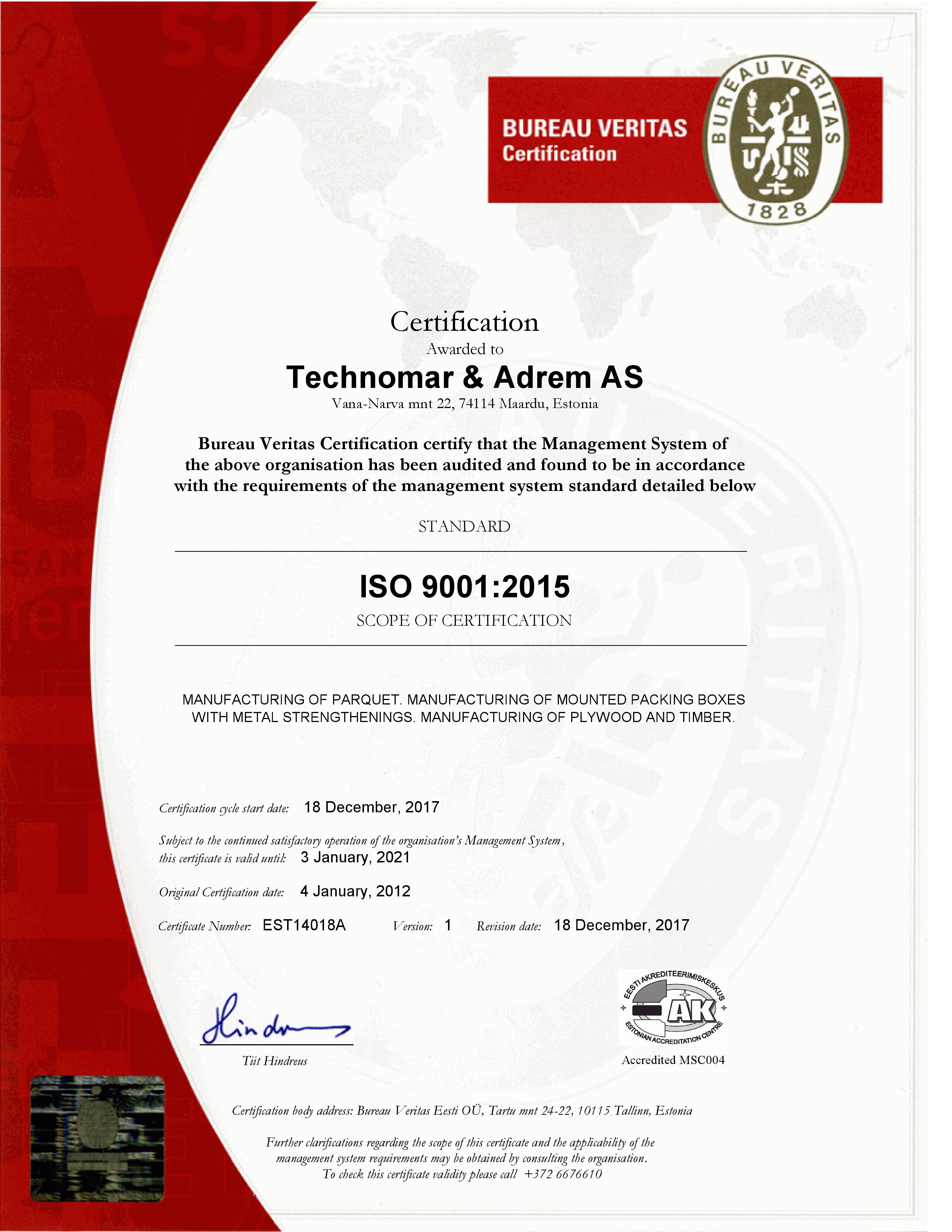 Iso 90012015 Technomar And Adremtechnomar And Adrem